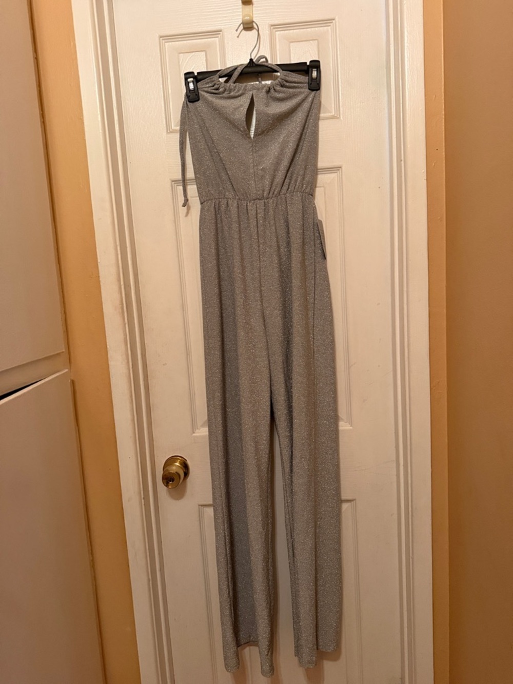 Velvet Torch Silver Sparkle Strapless Keyhole Jumpsuit